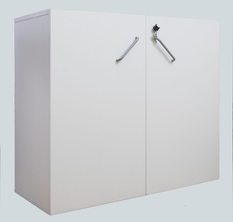 Meuble de bureau à 2 portes battantes en bois mélamine blanc et système de serrure.