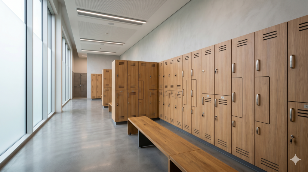 Vestiaire de salle de sport rénové avec casiers HPL compact sur mesure finition chêne, banc vestiaire en bois et éclairage LED — Le Mobilier Stratifié